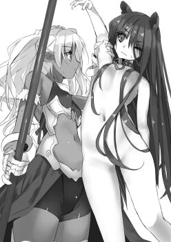 2girls animal_ear_fluff animal_ears arm_up armor bike_shorts breasts cat_ears cat_girl closed_mouth clothing_cutout collar completely_nude convenient_censoring cowboy_shot edelgard_(isekai_maou) flat_chest gauntlets greyscale hair_between_eyes hair_censor hair_over_breasts hair_over_crotch highres holding holding_another&#039;s_arm holding_weapon isekai_maou_to_shoukan_shoujo_no_dorei_majutsu long_hair medium_breasts metal_collar monochrome multiple_girls navel navel_cutout novel_illustration nude o-ring_collar official_art one_eye_closed pointy_ears profile rem_galeu sash simple_background sleeveless standing straight_hair sweat third-party_source tsurusaki_takahiro two_side_up v-shaped_eyebrows very_long_hair wavy_mouth weapon