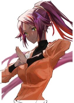 1girl 2023 bleach breasts closed_mouth dark-skinned_female dark_skin female_focus fist_in_hand hair_ornament highres large_breasts long_hair looking_at_viewer parted_bangs ponytail purple_hair shihouin_yoruichi ui_1231 upper_body very_long_hair yellow_eyes