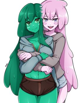 2girls blue_jacket blush_stickers breasts brown_shorts cleavage closed_mouth colored_skin commentary commission cowboy_shot double-parted_bangs english_commentary green_eyes green_hair green_skin grey_hoodie highres hood hooded_jacket hoodie hug hug_from_behind jacket long_hair long_sleeves looking_at_viewer medium_breasts midriff monster_girl multiple_girls oninuer open_mouth original pink_hair pink_skin purple_eyes short_shorts shorts simple_background slime_girl smile white_background zipper