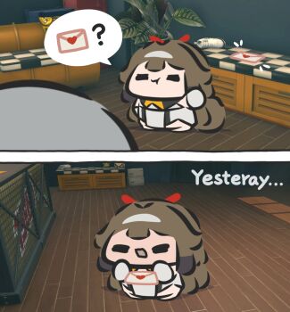 1boy 1girl blush brown_hair card chibi closed_eyes commentary english_commentary english_text game_screenshot_background grey_hair heart highres holding holding_card open_mouth plant screenshot_background speech_bubble superappleman typo wise_(zenless_zone_zero) ye_shunguang zenless_zone_zero