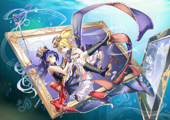 2girls ayase_eli bare_arms black_shoes blonde_hair blue_eyes blue_hair boots bow cafe_maid_(love_live!) carrying checkered_clothes dress flat_chest frilled_dress frills full_body gradient_hair hair_between_eyes hair_ornament hat heiqi_(sharpface) high_heels highres idol long_bangs long_hair looking_at_another love_live! love_live!_school_idol_festival love_live!_school_idol_project microphone microphone_stand multicolored_hair multiple_girls musical_note necktie parted_lips picture_frame ponytail princess_carry pumps red_bow shoes sleeveless sleeveless_dress smile sonoda_umi striped_clothes striped_necktie striped_thighhighs thighhighs top_hat very_long_hair yellow_eyes yuri