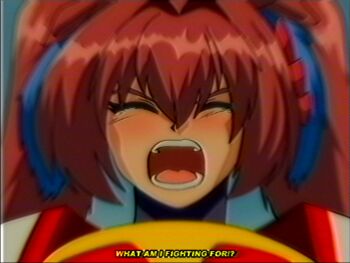 Rule 34 | 1990s (style), 1girl, animal ears, armor, blue background, blush, bow, brown hair, closed eyes, commentary, cosplay, crying, daiwa scarlet (umamusume), faux retro artstyle, hair bow, hair intakes, highres, horse ears, horse girl, long hair, lueduar, mega man (series), mega man x4, mega man x (series), parody, red armor, red bow, retro artstyle, scene reference, screaming, shoulder armor, simple background, solo, subtitled, twintails, very long hair, vhs artifacts, zero (mega man), zero (mega man) (cosplay)