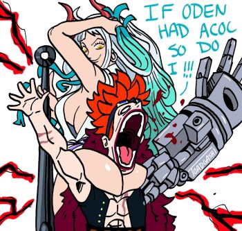 1boy 1girl arm_behind_head artist_name ass blank_eyes blood breasts broly_culo_(meme) cleavage club club_(weapon) defeat english_text eustass_kid femdom fur_trim haki_(one_piece) holding holding_weapon horns huge_ass humiliation kanabou large_breasts long_hair looking_at_another looking_back mechanical_arms meme multicolored_hair muscular one_piece pain parody ponytail short_hair single_mechanical_arm size_difference smile spiked_hair toadgashi very_long_hair weapon what yamato_(one_piece)