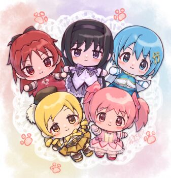 5girls akemi_homura akemi_homura_(magical_girl) asukaru_(magika_ru) black_hair black_hairband blonde_hair blue_eyes blue_hair blue_shirt blue_skirt blush boots bow bowtie brown_boots brown_bow brown_thighhighs bubble_skirt chibi chibi_only closed_mouth colorful_background commentary_request detached_sleeves dress dress_bow fortissimo frilled_skirt frills grey_skirt hair_bow hair_ornament hairband highres holy_quintet kaname_madoka kaname_madoka_(magical_girl) long_hair long_sleeves looking_at_viewer magical_girl mahou_shoujo_madoka_magica mahou_shoujo_madoka_magica_(anime) miki_sayaka miki_sayaka_(magical_girl) multiple_girls musical_note musical_note_hair_ornament pink_bow pink_dress pink_eyes pink_hair pleated_skirt ponytail purple_bow purple_bowtie purple_eyes red_dress red_eyes red_hair red_shoes sakura_kyoko sakura_kyoko_(magical_girl) shirt shoes short_hair short_twintails sidelocks skirt sleeveless sleeveless_dress smile thighhighs tomoe_mami tomoe_mami_(magical_girl) twintails white_shirt white_skirt white_sleeves yellow_eyes yellow_skirt