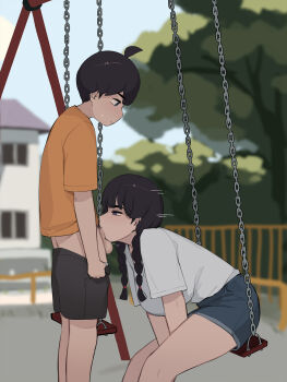 1boy 1girl age_difference ahoge akiyama_fumika_(pepper0) akiyama_yuto_(pepper0) black_hair black_shorts blue_shorts blurry blurry_background braid brother_and_sister censored clothes_pull fellatio hetero highres incest mosaic_censoring multiple_girls on_swing onee-shota oral orange_shirt original penis pepper0 shirt short_hair shorts shorts_pull shota siblings sitting standing swing testicles twin_braids white_shirt