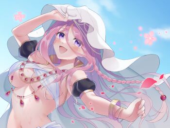 1girl blue_sky bracelet braid breasts commission dancer francesca_frainseigner hachidoriwanokuni highres iris_mysteria! jewelry large_breasts long_hair navel pink_hair purple_eyes skeb_commission sky smile sweat underboob upper_body veil