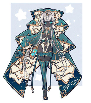 Rule 34 | 1girl, balance scale, closed mouth, commentary request, dark-skinned female, dark skin, dress, expressionless, eyebrows hidden by hair, flat chest, full body, green dress, green eyes, green skirt, green thighhighs, grey hair, groin, highleg, highleg leotard, hisui (syarute), holding scale, leotard, long hair, looking at viewer, original, skirt, solo, thighhighs, tiptoes, very long hair, weighing scale, white leotard