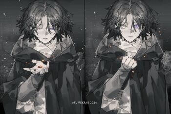 1girl black_cloak clenched_hand cloak elden_ring holding holding_jewelry holding_ring hood hooded_cloak jewelry krab_(fumekrab) looking_at_viewer medium_hair melina_(elden_ring) purple_eyes ring solo split_screen unusually_open_eyes