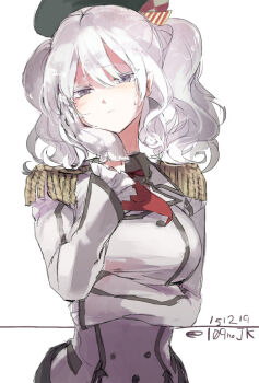 1girl arm_under_breasts bad_id beret black_hat breasts closed_mouth dated epaulettes frilled_sleeves frills gloves grey_eyes grey_hair hageshii_nakano hair_between_eyes hand_on_own_cheek hand_on_own_face hat jacket kantai_collection kashima_(kancolle) large_breasts long_sleeves looking_at_viewer military military_uniform simple_background solo twintails twitter_username upper_body wavy_hair white_background white_gloves white_hair