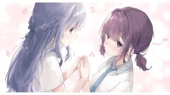 2girls blue_necktie blush braid brown_eyes brown_hair closed_mouth collared_shirt commentary_request commission ear_blush half_up_braid heart highres holding_hands long_hair looking_at_another multiple_girls necktie original ponytail purple_eyes purple_hair school_uniform second-party_source sena_(sena_soar) shirt short_ponytail white_shirt yuri