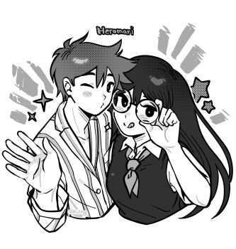 1boy 1girl adjusting_eyewear antenna_hair artist_name bespectacled blush bright_pupils bu3hgg closed_mouth collarbone collared_shirt double-parted_bangs glasses greyscale hair_between_eyes hero_(headspace)_(omori) hero_(omori) highres long_hair long_sleeves looking_at_viewer mari_(headspace)_(omori) mari_(omori) monochrome neckerchief omori one_eye_closed pajamas puckered_lips round_eyewear shirt short_hair short_sleeves simple_background smile sparkle star_(symbol) striped_clothes striped_pajamas sweater_vest tongue tongue_out twitter_username vertical-striped_clothes vertical-striped_pajamas