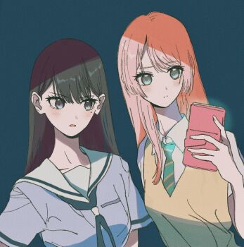 2girls bang_dream! bang_dream!_it's_mygo!!!!! black_hair bloom_into_me15 blue_shirt brown_sweater_vest cellphone chihaya_anon closed_mouth commentary_request diagonal-striped_clothes diagonal-striped_necktie green_necktie grey_eyes hanasakigawa_school_uniform haneoka_school_uniform holding holding_phone long_hair mole mole_under_eye multiple_girls necktie open_mouth phone purple_eyes sailor_collar school_uniform serafuku shiina_taki shirt short_hair smartphone striped_clothes sweater_vest white_sailor_collar white_shirt