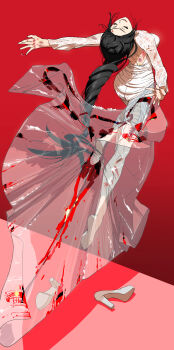 1girl absurdres back_cutout bandaged_leg bandages bare_back black_hair blood blood_on_clothes bruise chinese_commentary closed_eyes clothing_cutout commentary_request dress drill_hair eyelashes floating floating_clothes floating_hair full_body high_heels highres injury lace lantern_madoyoi leaning_back lips long_hair long_skirt long_sleeves open_mouth original pink_lips ponytail red_background see-through_clothes see-through_skirt shoe_loss skirt smile solo thick_eyebrows train very_long_hair white_dress white_footwear white_skirt
