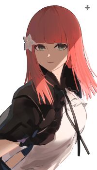 1girl absurdres blunt_bangs blunt_ends commentary datharuss eyelashes flower green_eyes hair_flower hair_ornament highres long_hair looking_at_viewer nier nier_(series) popola red_hair simple_background solo upper_body white_background white_flower