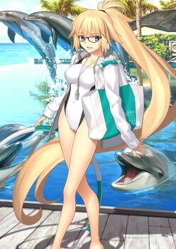 1girl :d animal bag bare_legs black-framed_eyewear black_one-piece_swimsuit blonde_hair blue_eyes breasts dock dolphin fate/grand_order fate_(series) feet_out_of_frame glasses hair_between_eyes hair_tie high_ponytail holding_hula_hoop hoop horizon hula_hoop jacket jeanne_d&#039;arc_(fate) jeanne_d&#039;arc_(swimsuit_archer)_(second_ascension)_(fate) long_hair long_sleeves looking_at_viewer medium_breasts ocean official_art one-piece_swimsuit open_clothes open_jacket open_mouth palm_tree ponytail pool sidelocks sky sleeves_past_wrists smile solo standing swimsuit takeuchi_takashi third-party_source tote_bag tree two-tone_swimsuit unzipped variant_set very_long_hair whistle whistle_around_neck white_jacket white_one-piece_swimsuit zipper