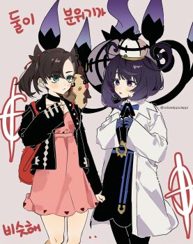 2girls absurdres black_choker black_dress black_hair black_jacket chandelure choker closed_mouth coat dress gen_5_pokemon gen_8_pokemon gloves green_eyes gwynn_(pokemon) hat highres jacket long_sleeves looking_at_another marnie_(pokemon) morpeko morpeko_(full) multiple_girls nintendo nohaebppiuleppi on_shoulder open_clothes open_coat open_jacket open_mouth partially_fingerless_gloves pink_dress pokemon pokemon_(creature) pokemon_legends:_z-a pokemon_on_shoulder pokemon_swsh purple_eyes purple_hair sleeves_past_wrists twintails twitter_username white_coat