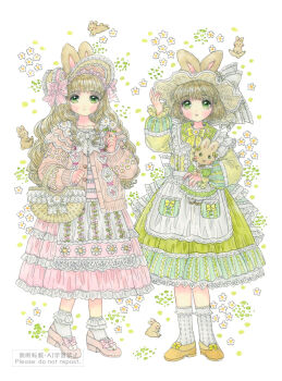 Rule 34 | 2girls, animal ears, apron, basket, bonnet, brown hair, cardigan, commentary request, daisy (flower), dress, floral print, flower, frilled bonnet, frilled dress, frills, full body, green eyes, hand up, hat, highres, hisakata (hisa nn), holding, holding basket, holding flower, lolita fashion, long hair, long sleeves, looking at viewer, multiple girls, original, pink cardigan, pink dress, pink shoes, rabbit, rabbit ears, rabbit girl, shoes, short hair, smile, socks, standing, white apron, white background, white flower, white socks, yellow dress, yellow shoes