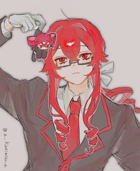 Rule 34 | 1boy, 1girl, a kanimiso a, bow, collared shirt, commentary request, drill hair, drill ponytail, glasses, gloves, hair bow, hair intakes, highres, holding, holding mini person, jacket, kasane ted, kasane teto, kasane teto (utau), long hair, long sleeves, mini person, minigirl, necktie, pink hair, red eyes, red hair, shirt, twin drills, twitter username, upper body, utau