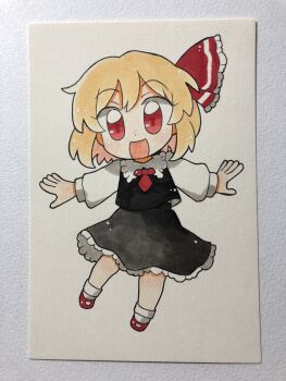 Rule 34 | 1girl, ascot, bad id, bad twitter id, black skirt, black vest, blonde hair, chibi, chibi only, collared shirt, commentary, frilled shirt collar, frilled skirt, frills, full body, hair ribbon, highres, long sleeves, looking at viewer, maa (forsythia1729), medium hair, open mouth, outstretched arms, photo (medium), red ascot, red eyes, red ribbon, red shoes, ribbon, rumia, shirt, shoes, skirt, skirt set, smile, socks, solo, spread arms, touhou, traditional media, vest, white shirt, white socks