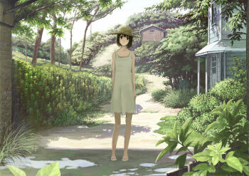 1girl bad_id bad_pixiv_id brown_eyes brown_hair bush domo1220 dress female_focus hat head_tilt nature original path plant puddle road sandals scenery short_hair slice_of_life solo standing sun_hat sundress tree yamaaaa