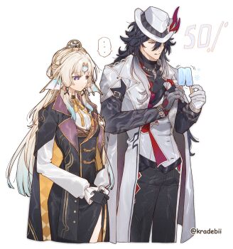 Rule 34 | ..., 1boy, 1girl, absurdres, artist name, ashveil (honkai: star rail), black gloves, black hair, blonde hair, closed mouth, coat, commentary, couple, dress, food, forehead jewel, gem, gloves, hair between eyes, hat, head tilt, height difference, hetero, high ponytail, highres, holding, holding food, holding popsicle, honkai: star rail, honkai (series), kradebii, long hair, long sleeves, looking at food, looking down, looking to the side, open clothes, open coat, pants, parted bangs, pearl (gemstone), pearl (honkai: star rail), ponytail, popsicle, purple eyes, side slit, simple background, speech bubble, standing, tongue, tongue out, trembling, twitter username, untranslatable commentary, upper body, white background