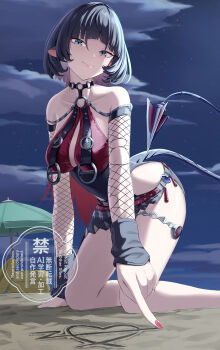 1girl absurdres animal_ears arm_support bare_shoulders beach beach_umbrella black_hair black_one-piece_swimsuit black_sarong blue_eyes breast_curtains breasts choker closed_mouth collarbone commentary_request cyclone_tarou drawing_on_sand feet_out_of_frame fingernails fishnet_sleeves fishnets head_tilt highres jane_doe_(nocturne_of_light)_(zenless_zone_zero) jane_doe_(zenless_zone_zero) large_breasts leather_leotard long_hair looking_at_viewer mouse_ears mouse_girl mouse_tail multicolored_hair night o-ring o-ring_choker o-ring_swimsuit official_alternate_costume one-piece_swimsuit outdoors red_hair red_nails red_one-piece_swimsuit sand sarong sharp_tail solo swimsuit tail thigh_strap two-tone_one-piece_swimsuit umbrella zenless_zone_zero