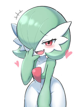 +++ 1girl blush bob_cut collarbone colored_skin cowboy_shot fang female_focus flat_chest gardevoir gen_3_pokemon green_hair green_skin hair_over_one_eye half-closed_eyes hand_to_own_mouth hand_up happy heart leaning_forward looking_at_viewer mesugaki multicolored_skin nintendo one_eye_covered open_mouth pokemon pokemon_(creature) raised_eyebrows red_eyes sara_(sublender1234) short_hair simple_background skin_fang smile solo standing two-tone_skin white_background white_skin