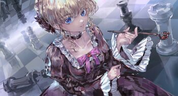 1girl absurdres beatrice_(umineko) blonde_hair blue_eyes bow bowtie braid braided_bun breasts brooch brown_choker brown_dress chess_piece chessboard chinese_commentary choker cleavage collarbone colored_eyelashes commentary_request cowboy_shot dot_nose dress feathered_wings frilled_choker frilled_sleeves frills gown hair_bun happy highres holding holding_smoking_pipe jewelry lipstick long_dress long_sleeves looking_at_viewer makeup oversized_object parted_lips pink_bow pink_bowtie pink_lips qishitian_de_yuji ringlets short_hair_with_long_locks single_hair_bun smile smoking_pipe solo square_neckline standing umineko_no_naku_koro_ni updo vertical-striped_sleeves wide_sleeves wings