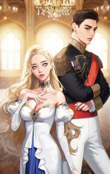 Rule 34 | 1boy, 1girl, badge, black hair, blonde hair, blue eyes, blue gemstone, breasts, chandelier, choker, cleavage, commentary request, copyright request, crossed arms, dress, epaulettes, eyelashes, gem, hand on own chest, height difference, high-waist pants, high collar, indoors, juliet sleeves, korean commentary, large breasts, lips, long hair, long sleeves, looking to the side, military uniform, mmm1597, nose, off-shoulder dress, off shoulder, pants, parted bangs, puffy sleeves, realistic, sash, short hair, shoulder sash, tight clothes, tight dress