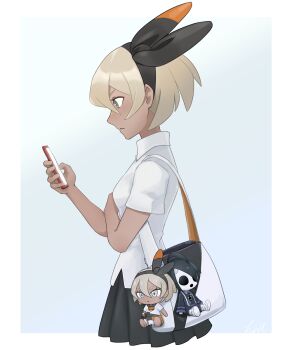 1girl allister_(pokemon) azur_cephonodes bag bea_(pokemon) black_bag black_hairband black_skirt blonde_hair bow_hairband character_doll closed_mouth collared_shirt commentary_request doll from_side grey_background grey_eyes hairband highres holding holding_phone looking_at_phone looking_down nintendo phone pleated_skirt pokemon pokemon_sword_and_shield shirt short_hair short_sleeves skirt solo white_shirt