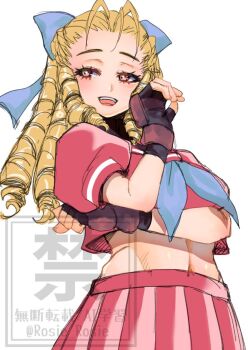 1girl black_gloves breasts commentary_request cropped_shirt drill_hair eyelashes fingerless_gloves gloves kanzuki_karin long_hair midriff pleated_skirt red_shirt red_skirt rosie_rosie shirt simple_background skirt solo street_fighter watermark white_background yellow_eyes