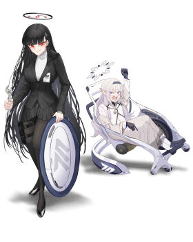 2girls absurdres black_gloves black_hair black_jacket black_pantyhose black_shoes black_skirt blazer blue_archive blunt_bangs breasts clenched_hand commentary_request gloves hairband halo highres himari_(blue_archive) holding holding_wrench holster jacket large_breasts long_hair looking_at_viewer multiple_girls ni_ketsu open_mouth pantyhose pleated_skirt pointy_ears purple_eyes red_eyes ringed_eyes rio_(blue_archive) shoes sitting skirt smile socks sweater teeth thigh_holster turtleneck turtleneck_sweater variant_set wheel wheelchair white_hair white_socks wrench