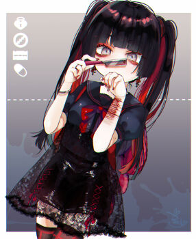 1girl black_hair black_nails black_shirt black_skirt black_thighhighs blood blood_on_arm border bow bowtie bracelet breasts commentary_request cowboy_shot cross cross_earrings earrings eyelashes fua_yuu grey_background grey_eyes jewelry long_hair multicolored_hair original outside_border overskirt red_bow red_bowtie red_hair sailor_collar sailor_shirt self-harm shirt signature skirt small_breasts thighhighs twintails two-tone_hair very_long_hair white_border wrist_cutting