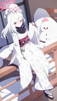 1girl absurdres anleewind blue_archive blush breasts flower hair_bun hair_ornament halo highres japanese_clothes kimono long_hair long_sleeves looking_at_viewer mutsuki_(blue_archive) mutsuki_(new_year)_(blue_archive) obi pointy_ears purple_eyes sash sitting small_breasts snow snowman solo swept_bangs white_hair white_kimono wide_sleeves