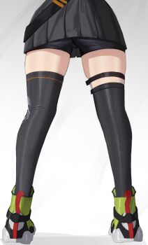1girl absurdres anby_demara ass black_shorts black_skirt black_thighhighs green_shoes highres i_s_s_h_i_n leg_focus lower_body shoes shorts simple_background skirt solo thigh_focus thigh_strap thighhighs white_background zenless_zone_zero