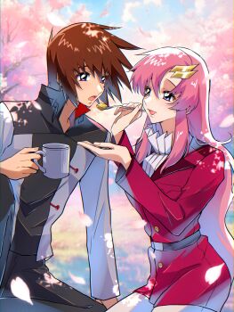 1boy 1girl absurdres black_pantyhose blue_eyes blurry blurry_background breasts brown_hair cherry_blossoms commentary_request couple cowboy_shot cup falling_petals feeding gundam gundam_seed hair_between_eyes hair_ornament hairclip hetero highres holding holding_cup holding_spoon jacket kira_yamato lacus_clyne long_hair looking_at_another medium_breasts open_mouth outdoors pants pantyhose parted_bangs petals pink_hair pink_petals red_jacket rrrisyf short_hair smile spoon white_pants