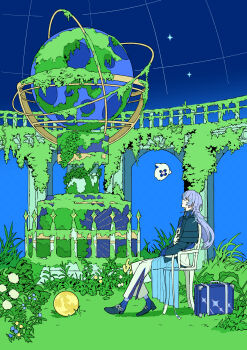 Rule 34 | 1boy, absurdres, armillary sphere, black shirt, black shoes, blue flower, blue hair, blue skirt, blue sky, blue socks, commentary, fence, flower, full moon, ghost, globe, half-jacket, highres, hoshirube sho, indoors, jacket, long sleeves, looking up, male focus, moku (kedr2558), moon, moss, multicolored hair, nijisanji, otomo (hoshirube sho), overskirt, pants, plant, purple hair, shirt, shoes, skirt, sky, socks, solo, streaked hair, suitcase, thinking, virtual youtuber, white jacket, white pants