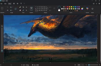 6+others animal art_program_in_frame burning christian_young cloud cloudy_sky commentary dragon english_commentary fire flying glowing glowing_eyes grass holding holding_torch horizon horns microsoft_paint_(medium) microsoft_paint_(software) mini_person multiple_others original outdoors oversized_animal painterly plain red_eyes scenery screencap sky torch