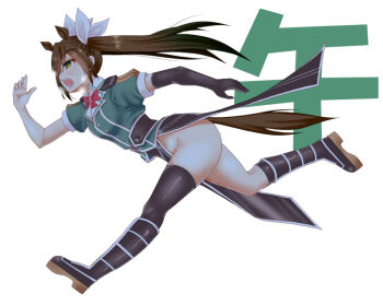 1girl animal_ears asymmetrical_legwear black_boots black_gloves black_socks black_thighhighs boots bow bowtie breasts brown_eyes brown_hair commentary_request elbow_gloves gloves hair_between_eyes hair_ribbon horse_ears horse_girl horse_tail kantai_collection kemonomimi_mode mabuchoco_m no_panties open_mouth pelvic_curtain red_bow red_bowtie ribbon running short_sleeves side_slit single_elbow_glove single_glove single_sock single_thighhigh small_breasts socks solo tail thighhighs tone_(kancolle) tone_kai_ni_(kancolle) twintails umamusume uneven_legwear white_ribbon