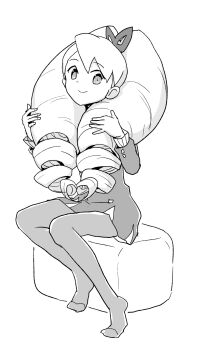 1girl bow commentary_request dress drill_hair greyscale hair_bow heriyama highres long_hair looking_at_viewer luna_platz_(mega_man) mega_man_(series) mega_man_star_force_(series) monochrome pantyhose simple_background sitting smile twin_drills very_long_hair white_background