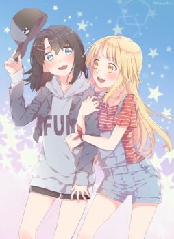 2girls :d absurdres ana_c._sanchez arm_hug artist_name bang_dream! baseball_cap black_hair blonde_hair blue_eyes blue_hoodie character_request commentary cowboy_shot english_commentary hair_ornament hairclip hat highres hood hoodie long_hair multiple_girls okusawa_misaki open_mouth overall_shorts overalls shirt short_hair short_shorts shorts smile star_(symbol) star_symbol_background straight_hair striped_clothes striped_shirt teeth tsurumaki_kokoro twitter_username unworn_hat unworn_headwear upper_teeth_only yellow_eyes yuri