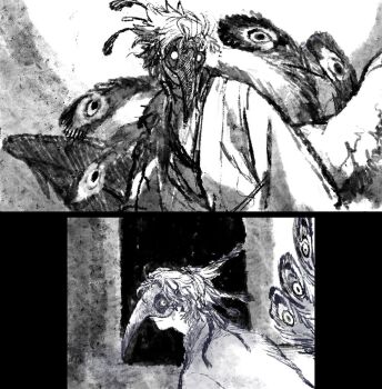 1boy bird_boy bird_mask bird_tail bird_wings commentary_request feather_hair feathered_wings greyscale highres kaibatu2mm looking_at_viewer looking_back male_focus mask monochrome multiple_views original short_hair tail wings