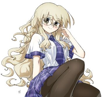 Rule 34 | 1girl, 7kitte, absurdres, adjusting eyewear, bespectacled, breasts, chaos;head, chaos;head love chu chu!, glasses, hashtag-only commentary, highres, kusunoki yua, long hair, looking at viewer, medium breasts, necktie, pantyhose, plaid clothes, plaid necktie, plaid skirt, plaid sleeves, pleated skirt, school uniform, science adventure, shirt, short sleeves, simple background, skirt, smile, solo, suimei academy school uniform, summer uniform, very long hair, wavy hair, white background, white shirt