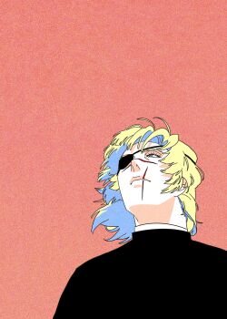 Rule 34 | 1boy, badeni, black shirt, blonde hair, blue eyes, chi.: chikyuu no undou ni tsuite, collared shirt, eyepatch, film grain, floating hair, highres, looking to the side, male focus, one eye covered, pulsar okbd, red background, scar, scar on face, scar on mouth, shirt, short hair, solo, white shirt