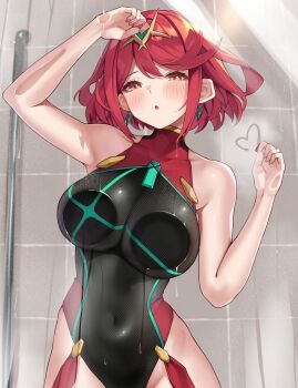 1girl :o against_glass arm_up armor armpits black_one-piece_swimsuit black_thighhighs blush breastplate breasts brown_eyes competition_swimsuit covered_navel earrings gluteal_fold heart highres indoors jewelry large_breasts looking_at_viewer matrix16 official_alternate_costume one-piece_swimsuit open_mouth pyra_(pro_swimmer)_(xenoblade) pyra_(xenoblade) red_hair short_hair shower_(place) solo steam swimsuit teeth thigh_gap thighhighs tiara tile_wall tiles xenoblade_chronicles_(series) xenoblade_chronicles_2