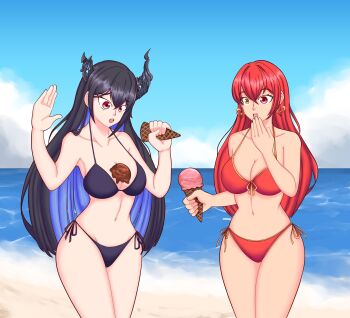 2girls absurdres beach bikini black_bikini black_hair black_horns breasts cleavage collarbone colored_inner_hair cowboy_shot earrings female_focus food front-tie_bikini_top front-tie_top hand_to_own_mouth heart heart_earrings heterochromia highres hololive hololive_english horizon horns houshou_marine ice_cream ice_cream_cone ice_cream_cone_spill jewelry large_breasts legs_together long_hair multicolored_hair multiple_girls navel nerissa_ravencroft ocean open_mouth orangemint4444 outdoors red_bikini red_eyes red_hair shore side-tie_bikini_bottom swimsuit very_long_hair water yellow_eyes