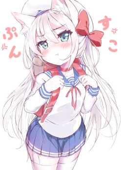 animal_ears azur_lane backpack bag beret blush bow cat_ears green_eyes hair_bow hammann_(azur_lane) hat long_hair p_answer pout randoseru school_uniform serafuku skirt slit_pupils solo thighhighs v-shaped_eyebrows white_hair zettai_ryouiki