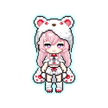 1girl alternate_costume animal_ears animal_hat animated animated_png artist_request bear_ears bear_hat bear_paws blinking blush bouncing bow bow_skirt capelet crop_top full_body hair_between_eyes hat long_hair looking_at_viewer lowres nose_bubble official_art paw_shoes pink_hair pixel_art punishing:_gray_raven purple_eyes shirt shoes sidelocks skirt sleeveless sleeveless_shirt snoring solo standing straight-on teddy:_spectre_(pgr) teddy_(pgr) white_capelet white_shirt white_shoes white_skirt