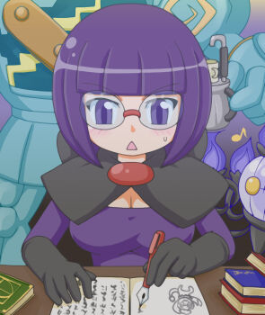 1girl blunt_bangs blush bob_cut book bow breasts chandelier chandelure cleavage elbow_gloves fire gen_5_pokemon ghost glasses gloves golem golurk holding holding_pen large_bow low-cut maguro32bit medium_breasts neck_pillow nintendo open_mouth pen pokemon pokemon_(creature) pokemon_bw purple_eyes purple_fire purple_hair purple_skirt rimless_eyewear round_eyewear shauntal_(pokemon) short_hair skirt sweatdrop upper_body v-shaped_eyebrows