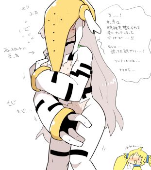 2girls blonde_hair blush bodysuit colored_skin commentary covering_privates eleki_(kasugai_(de-tteiu)) fewer_digits flying_sweatdrops gen_4_pokemon gen_8_pokemon kasugai_(de-tteiu) legendary_pokemon long_hair makhia_(kasugai_(de-tteiu)) mask multiple_girls nintendo personification pokemon regieleki regigigas sidelocks sweat torn_bodysuit torn_clothes translated twintails very_long_hair white_bodysuit white_hair yellow_skin
